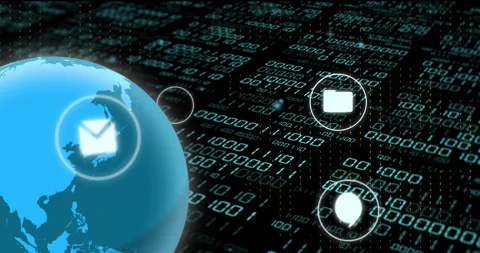 Digital communication icons over binary code and globe, representing global Stock Footage 310867348