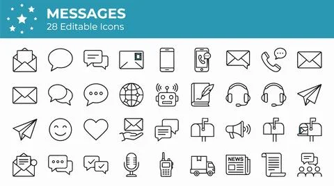 Digital communication icons set for messaging and social media applications.. Stock Illustration