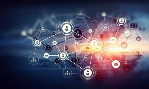 Digital Communication Network with Social Media and Email Icons Illustrazione stock