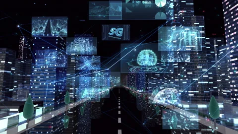 Digital Communication Network Technology AI BigData City Busin night Rot2 A M-Aa Видео 138838894