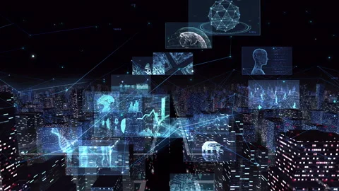 Digital Communication Network Technology AI BigData City Busin night Rot2 B M-Fa Vidéo 138838959