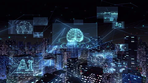 Digital Communication Network Technology AI BigData City Busin night Rot2 C M-Ha Stock Footage 138839075