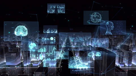 Digital Communication Network Technology AI BigData City Busin night Rot2 B M-Fc Vídeos de archivo 138839083