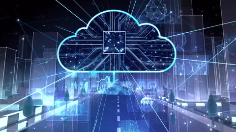 Digital Communication Network Technology AI BigData City Cloud Rot2 B Video stock 139025885