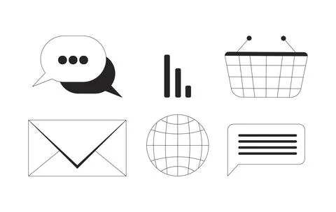 Digital communication social network black and white 2D line objects set Stock Illustration