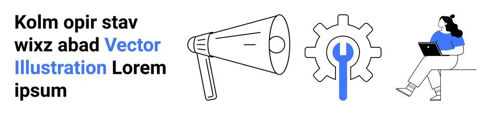 Digital Communication Tools Featuring Laptop User and Megaphone, Gears Symbol Stockillustratie