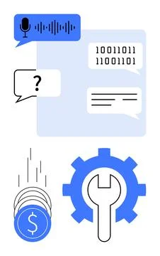 Digital Communication Tools with Speech Recognition, Binary Code, and Finan.. Stock Illustration