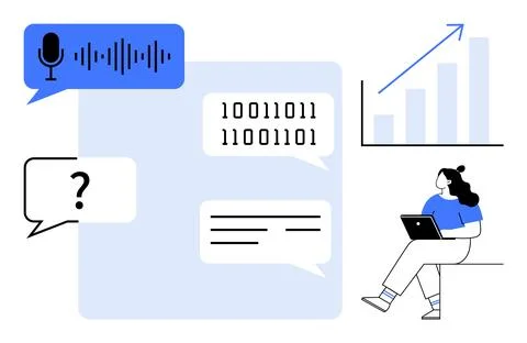 Digital communication tools symbolized with charts, code, and user analyzin.. 스톡 일러스트