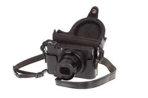 Digital compact camera with black leather case, isolated on white 스톡 사진