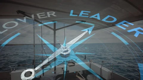 Digital compass overlay entering view, rotating while arrow pivoting toward Stock Footage 310994648