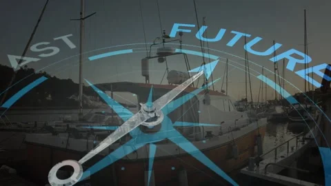 Digital compass overlay fading in at dusk on dock, rotating needle shifting from Stock Footage 317206961