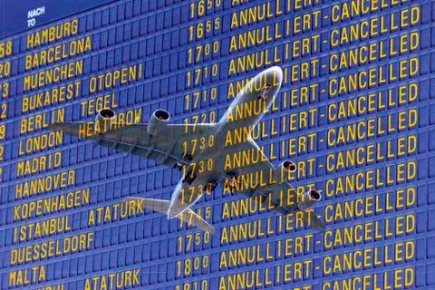 Digital Composing board arrival and departure at airport departure cancellations Stock Photos