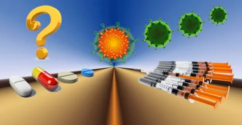 Digital Composing pills and syringes with question mark symbolic picture Illustration