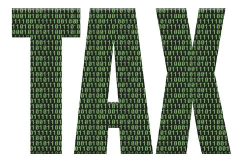 Digital composite. 30th May 2025..The word TAX with an overlay of green compu Illustrazione stock