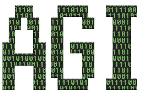 Digital composite AGI with an overlay of binary code in the green lettering o Stock Illustration
