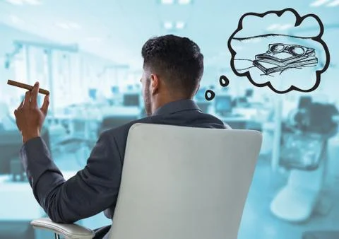 Digital composite of Back of business man in chair with cigar dreaming of hol Stock Photos