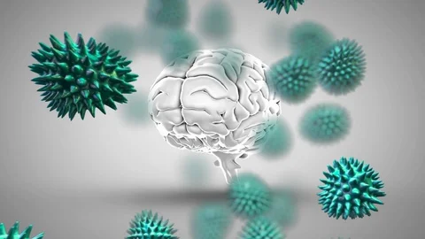 Digital composite of a brain attacked by foreign substances Stockbeeldmateriaal 107400465