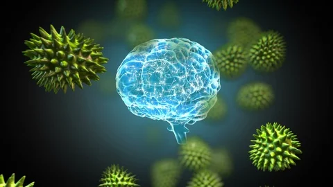 Digital composite of a brain attacked by foreign substances Stockbeeldmateriaal 107403780