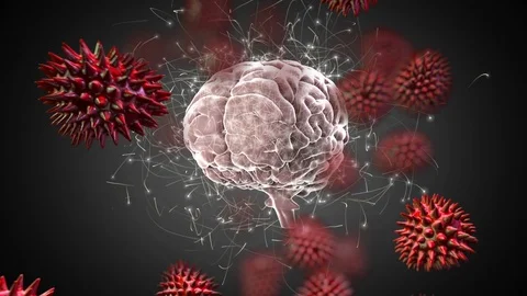 Digital composite of a brain attacked by foreign substances Stockbeeldmateriaal 107404171