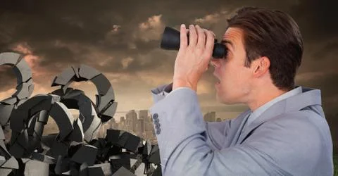 Digital composite of Broken concrete stone with question symbol and businessm Stock Photos