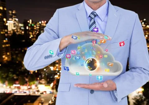 Digital composite of businessman with cloud between his hands and earth on cl Stock Photos