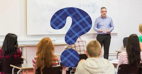 Digital composite of checked pattern question mark over professor teaching Stock Photos