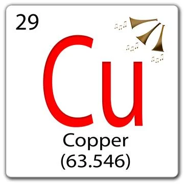 Digital composite - Chemical element tile Cu - Copper, with trumpets blaring. Stock Illustration