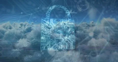Digital composite of a circuit board with a lock and a sky filled with connected 写真素材