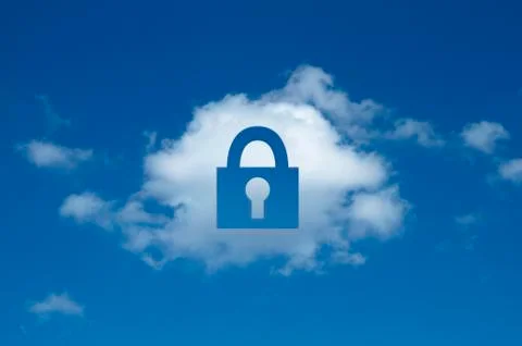 Digital composite of cloud with padlock shape cut out, secure cloud computing Foto stock