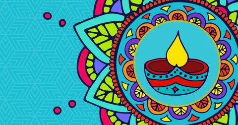 Digital composite of diya along with mandala pattern rangoli over abstract blue Stockillustratie