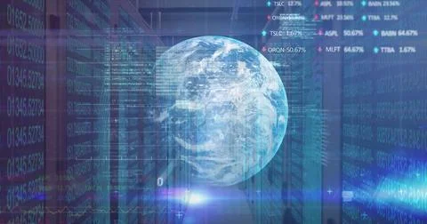 Digital composite of a globe and data imagery in a high-tech room. Stock Photos