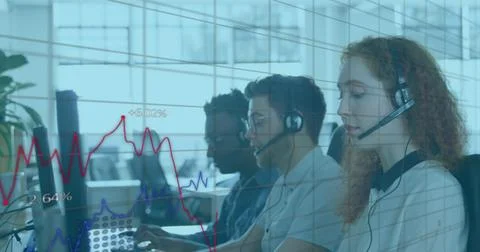 Digital composite of graphs over diverse call center workers on phones. Stock Photos