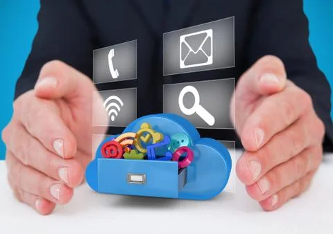 Digital composite of hands with application icons on a cloud  and with icons  Stock Photos