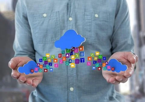 Digital composite of hands with phone with application icons and cloud in eac Foto stock