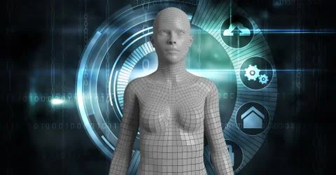 Digital composite image of 3d female over graphics 스톡 일러스트
