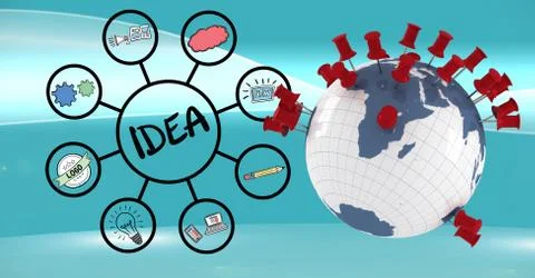 Digital composite image of 3d globe with thumbtacks and idea signs Illustrazione stock