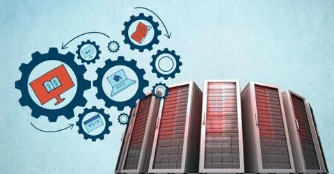 Digital composite image of 3d servers and icons 스톡 일러스트