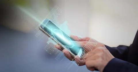 Digital composite image of binary coding data processing over person using 스톡 사진