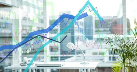 Digital composite image of blue graphs over financial data processing against 库存照片