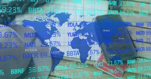 Digital composite image of blue world map with stock market data processing Stock Illustration