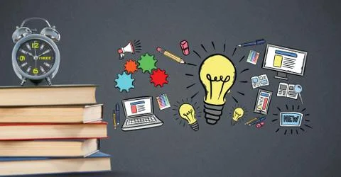 Digital composite image of books with clocks and idea signs Stock Illustration