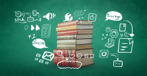 Digital composite image of books surrounded by icons Stock Illustration