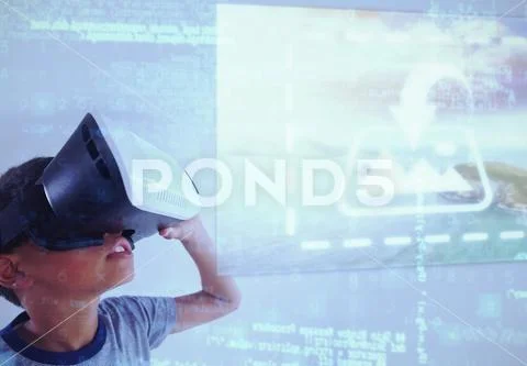 Digital composite image of boy using virtual reality simulator at home PSDテンプレート