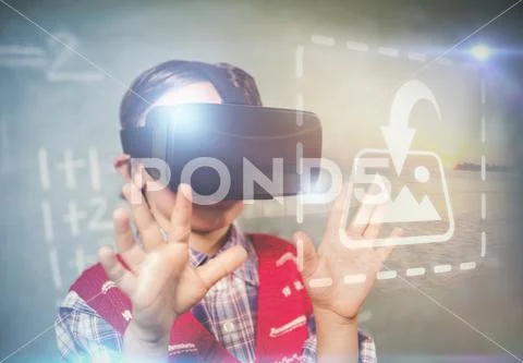 Digital composite image of a boy using a virtual reality device at school. PSD Template