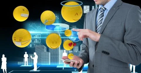 Digital composite image of businessman using smart phone with various emojis Stock Photos