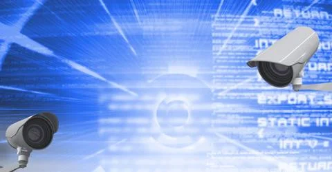 Digital composite image of CCTV cameras against text on blue background イラスト素材