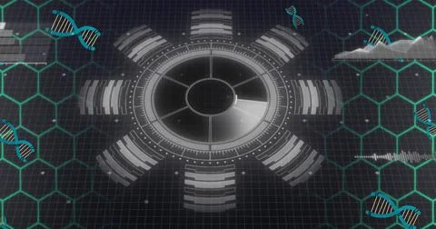 Digital composite image of circular pattern with dna and hexagon shape, copy  イラスト素材