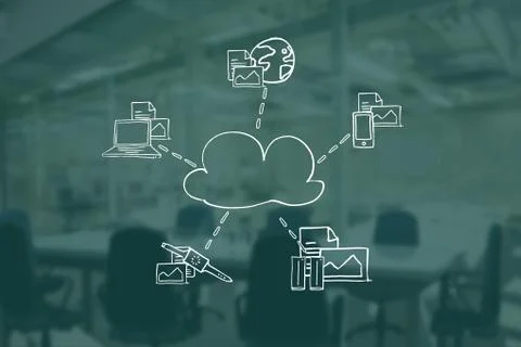 Digital composite image of cloud surrounded by technologies and documents Stock Illustration