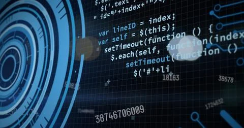 Digital composite image of coding with glowing blue virtual technology circle Stock Illustration