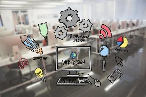 Digital composite image of computer graphic amidst various icons in office Foto stock